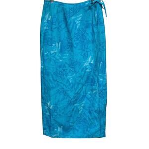 Jones Wear Sport Linen Blend Wrap Skirt Tropical Floral Turquoise Blue Size 8